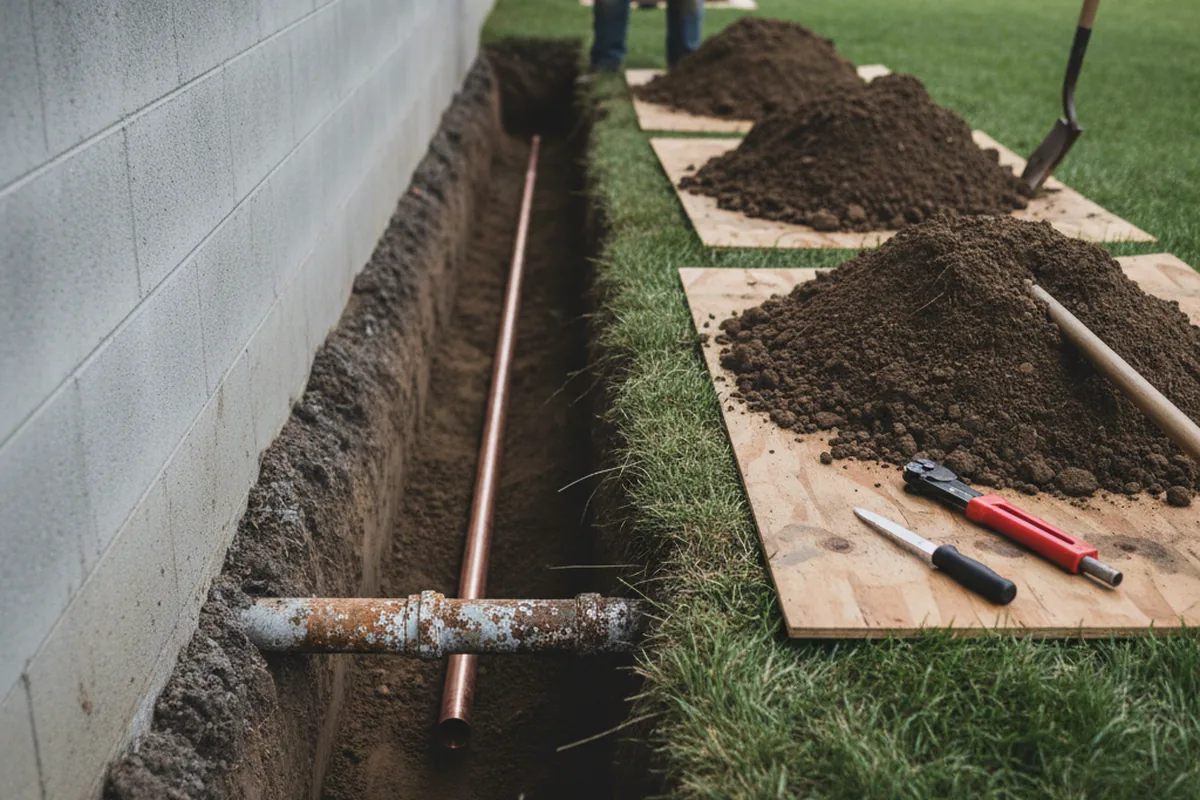 Excavated water line trench during Sewer Line Repair in Marshville